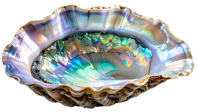 An iridescent open abalone shell showcasing its nacreous interior, with rainbow reflections, isolated on white