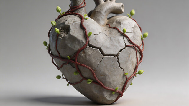 Cracked stone heart with vines symbolizing the intersection of biology and technology