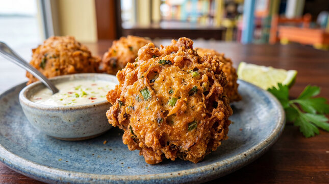 crispy conch fritters, close up