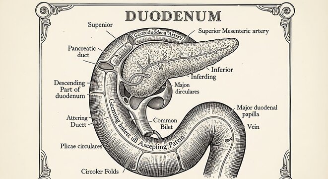 Anatomical diagram of the human duodenum and surrounding organs.