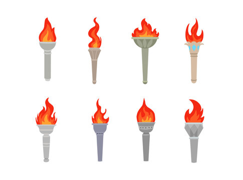 A collection of fire torch illustrations featuring various torch designs and flame styles