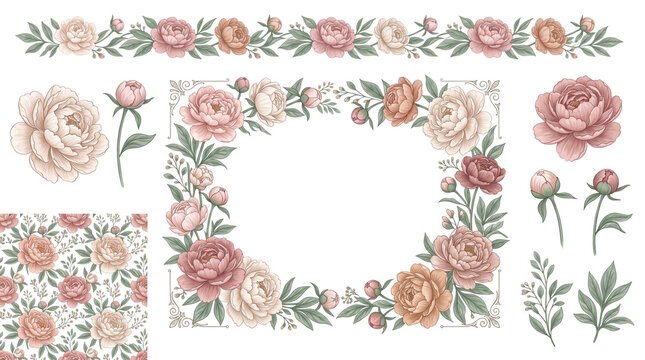 Vintage peony floral collection, elegant botanical frame and seamless pattern set, dusty pink rose and peony blossoms for wedding stationery isolated on White Background