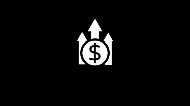 White dollar coin icon animation with rising arrows on black background