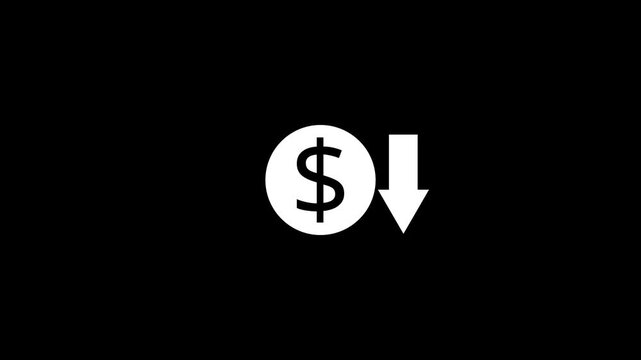 White dollar sign coin icon animation with arrow pointing down on black background