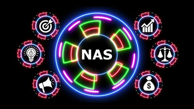 Neon network attached storage nas concept with business icons around motion graphics.