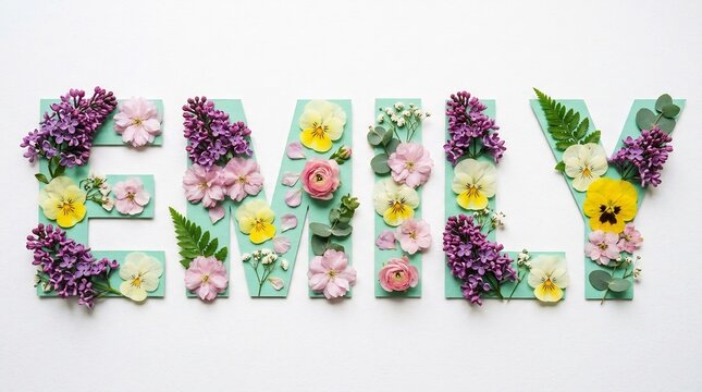 Flower arrangement forming the name emily on white