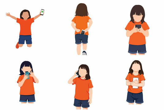 Collection of little girl character using smartphone in various activities and poses, flat vector illustration