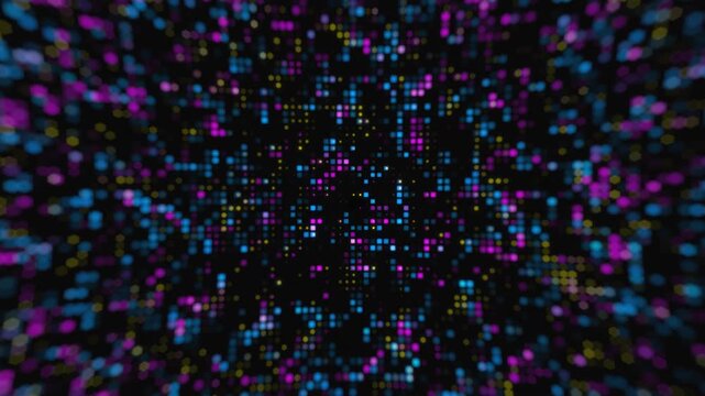 Hi Tech Digital Motion Background of Violet Blue and Yellow Neon Pixel Lights.Futuristic Technological Video background
