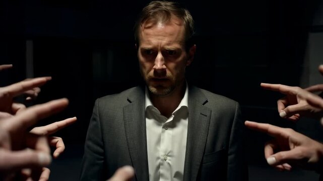 Troubled man surrounded by accusing hands expressing blame judgment and emotional stress