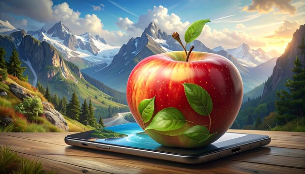 A vibrant red apple with green leaves sits atop a digital tablet displaying a scenic landscape of mountains and valleys
