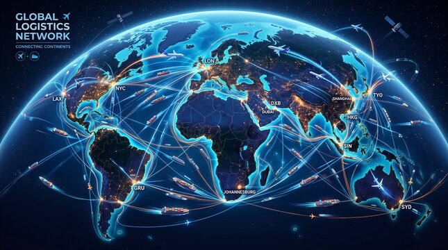 Global logistics network connecting continents with transportation routes and major cities highlighted on a world map at night