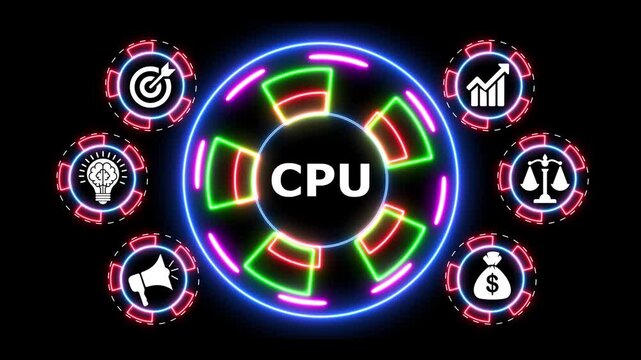 Central processing unit motion graphic with neon glowing circular business icons.