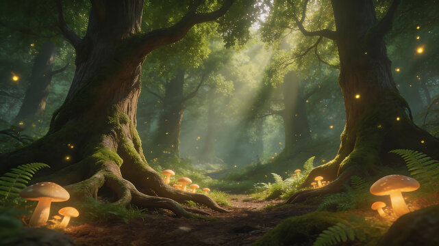 Mystical forest path with glowing mushrooms for outdoor lifestyle brands and nature documentaries