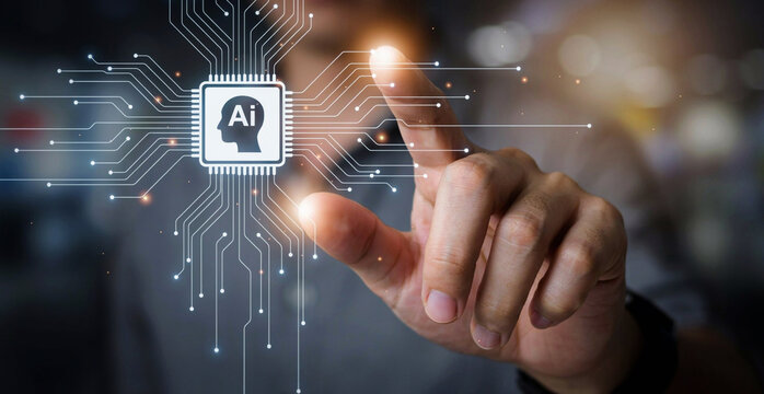 Artificial intelligence, futuristic technology, human hand, circuit board, innovation concept