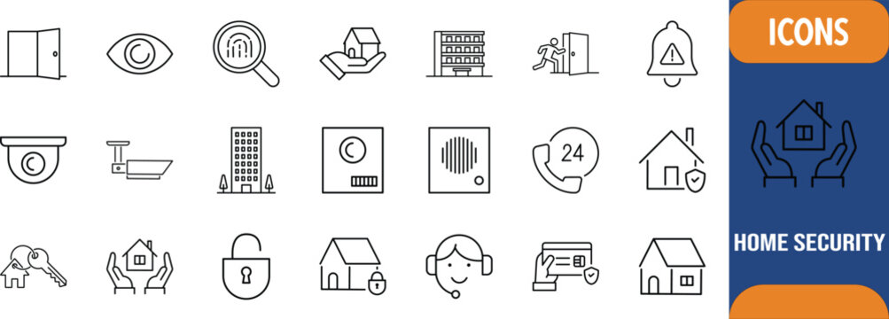 Home security system line icons. camera icon set, house icon set, padlock icon set