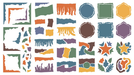 Fototapeta premium Collection of distressed abstract shapes, torn paper elements, grunge frames, and textured borders in various colors.