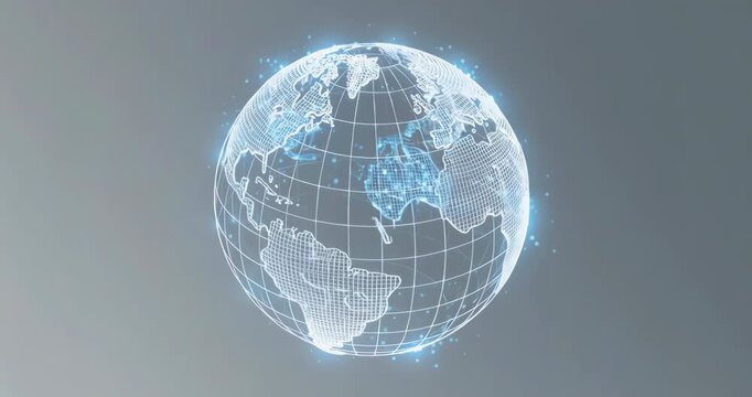 Minimalist White Wireframe Globe with Blue Data Particles