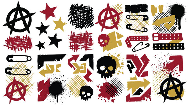 Collection of punk rock and grunge graphic elements featuring anarchy symbols, skulls, safety pins, stars, and distressed textures.