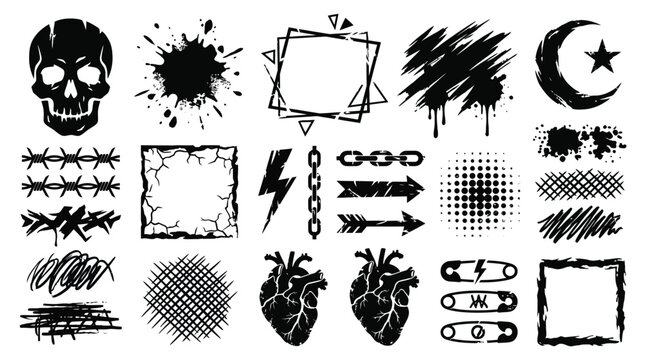 Collection of black and white grunge, punk, gothic, and edgy design elements including skull, barbed wire, hearts, and distressed textures.