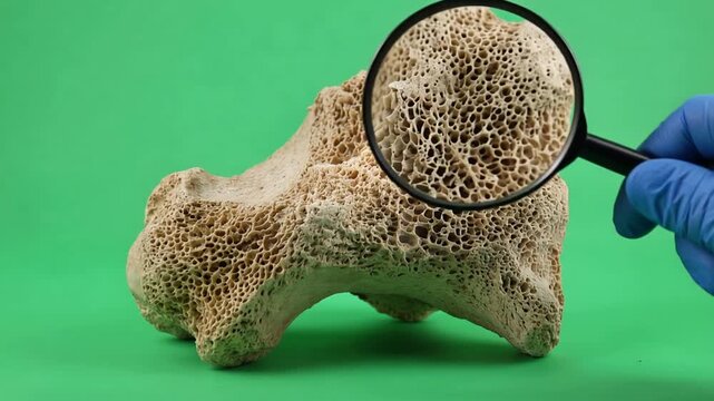 Porous bone structure with intricate texture on green surface, with single hand holding magnifying glass, medical research, osteoporosis and anatomy concept, 4K video