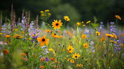 Sunny summer countryside wildflower meadow close-up, vibrant bright yellow black-eyed susan (rudbeckia) clusters mixed with delicate purple blue wildflowers, small orange blooms and green grass stems