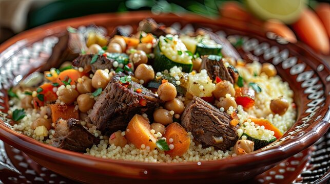 Hearty homemade North African couscous served in handcrafted terracotta plate with traditional white dotted pattern, tender stewed beef, fluffy chickpeas, braised carrots and zucchini topped with