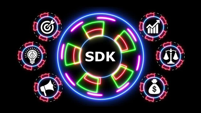 Software development kit sdk glowing neon icons on digital black background.