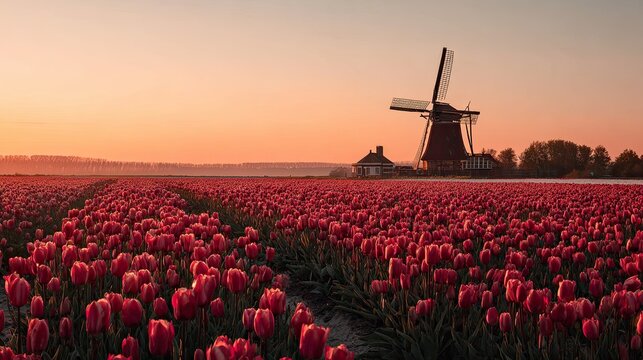 Serene Dutch countryside sunset view over vast blooming red tulip fields with a traditional windmill silhouette, warm soft golden hour light paints the sky in soft orange-pink gradients, misty