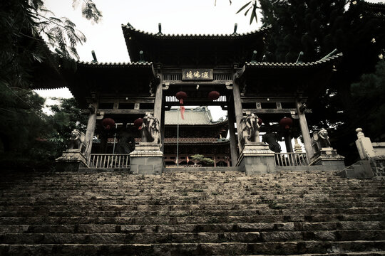 Grand entrance stairs and traditional oriental architecture of Minh Thanh Pagoda decorated for Lunar New Year festival