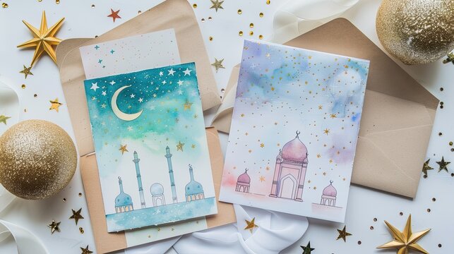 Elegant Ramadan Eid Mubarak desktop decoration scene, featuring two watercolor Islamic greeting cards: one with crescent moon, starry sky, mosque minaret and dome, the other with soft pink mosque