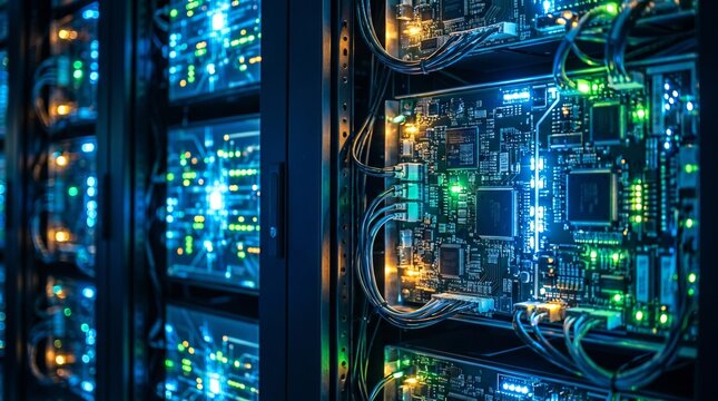 Modern Data Center Server Racks with Glowing Blue LEDs and Complex Circuitry for Cloud Computing and Network Infrastructure