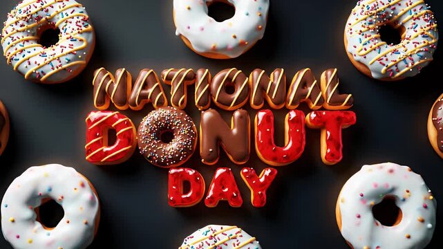 National donut day text made of glazed donuts and sprinkles on a dark background now