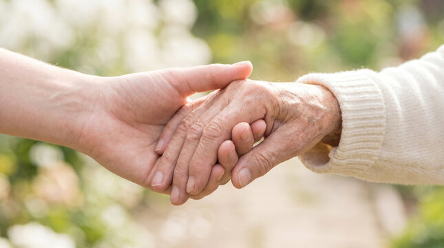 Closeup of a young person holding the hand of an elderly person, symbolizing care, support, and intergenerational connection in a garden setting