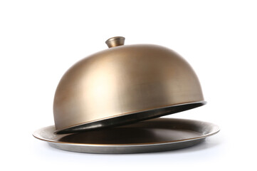 Fototapeta premium Metal tray with open cloche on white background