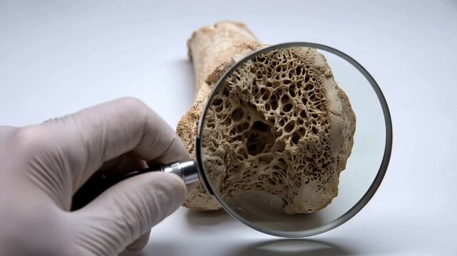 Porous bone structure with intricate texture on clean white surface, with single hand holding magnifying glass, medical research, osteoporosis and anatomy concept, 4K video