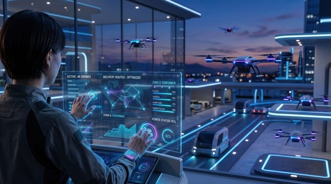 Futuristic drone delivery system in smart city, operator monitoring autonomous aerial vehicles on holographic interface
