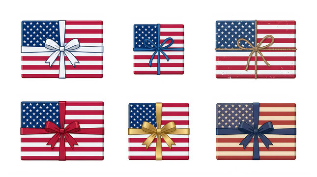 Set of gift boxes wrapped in american flag pattern isolated on transparent background