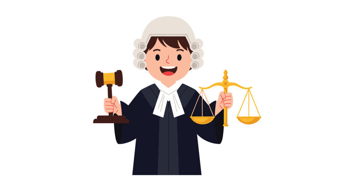 Friendly judge character wearing a traditional legal wig and gown holds a wooden gavel and the scales of justice.
