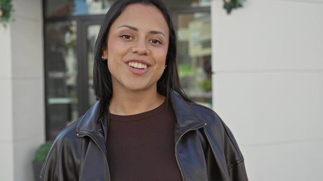 Woman smiling showing teeth and speaking with open mouth at a modern building entrance, wearing leather jacket and brown sweater; approachable friendly.