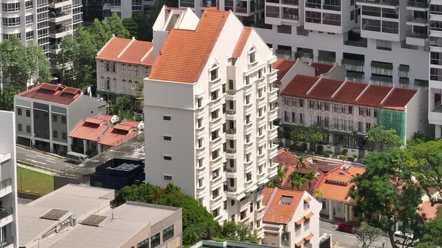 sunny day singapore city center old style buildings exterior aerial panorama 4k 