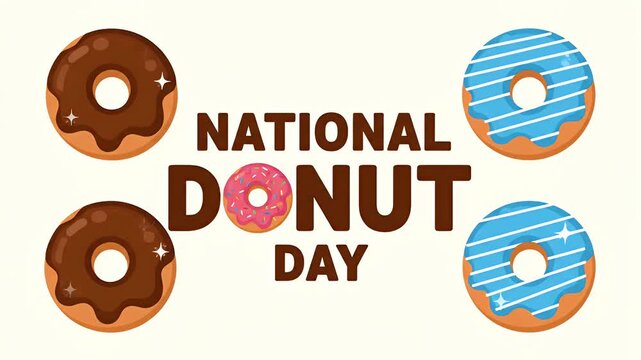 National donut day animation with colorful glazed donuts and text on a soft backdrop