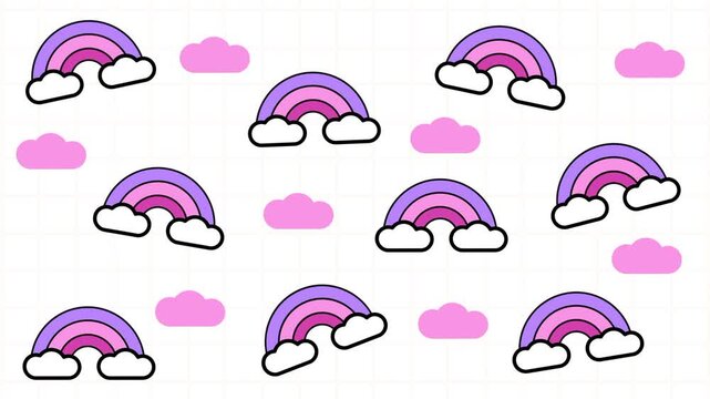 Many small colorful rainbows and pink clouds arranged in a dense repeating pattern on a white background in a cute kawaii style