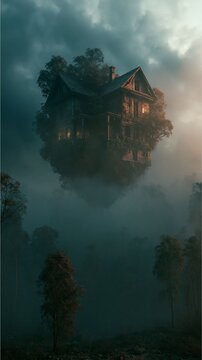 Old house floating above the clouds and trees, fog coming in below, dreamcore aesthetic