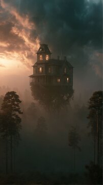 Old house floating above the clouds and trees, fog coming in below, dreamcore aesthetic