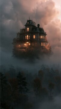 Old house floating above the clouds and trees, fog coming in below, dreamcore aesthetic