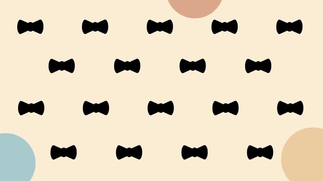 Many small black bow tie shapes arranged in a neat repeating grid pattern on a warm beige tan background in a minimal style