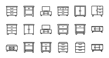 Collection of modern furniture icons including dressers wardrobes and tv stands in simple line art style for home decor © Morjina