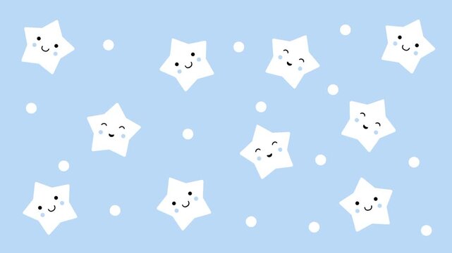 Multiple small cute white star characters with happy faces scattered across a soft blue background in a playful pattern layout