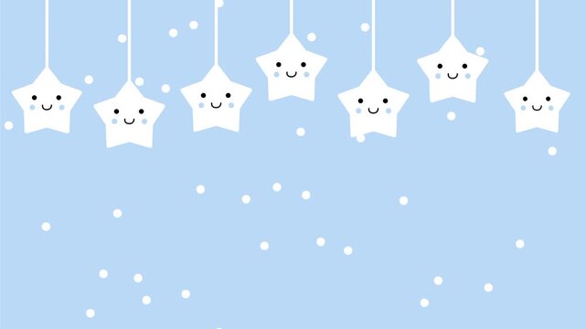 Multiple cute white star ornaments hanging on strings with more small stars dotted around on a soft blue background layout