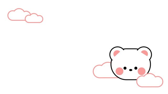 A small cute white kawaii bear face with pink cheeks and small pink clouds on a plain white background in a minimal layout